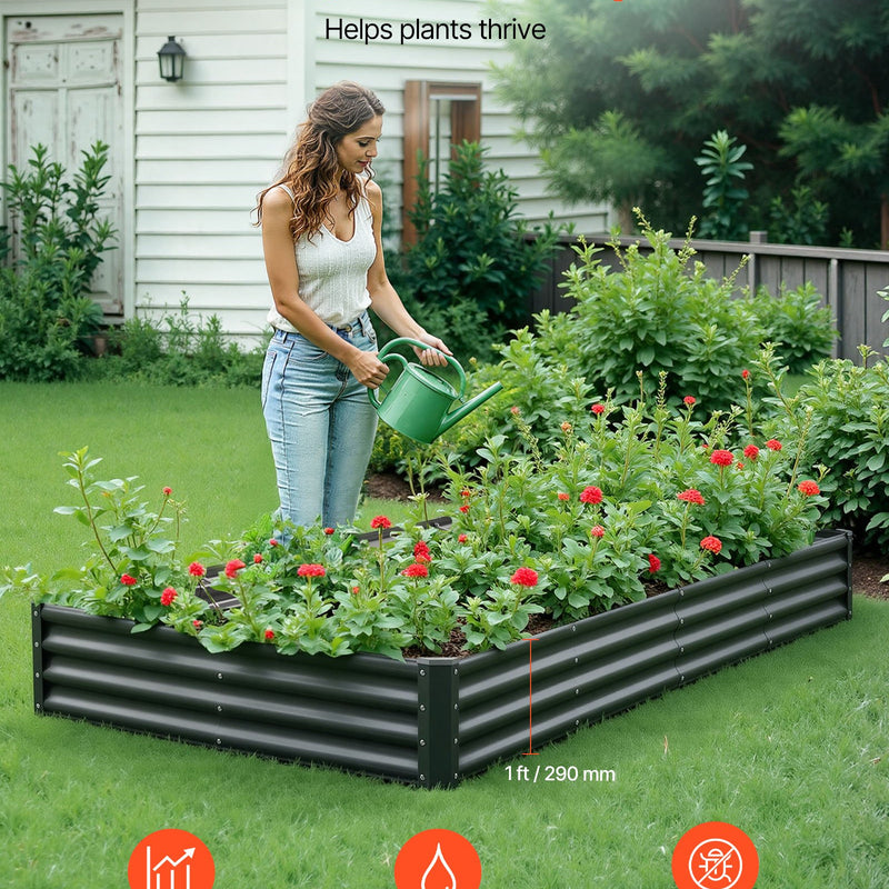 VEVOR metāla paaugstinātā dārza dobe 2,4 × 1,2 × 0,3 m, āra Galvalume stādīšanas kaste ar atvērtu apakšu, liela dobe dārzeņu, ziedu, garšaugu un sukulentu audzēšanai, tumši pelēka