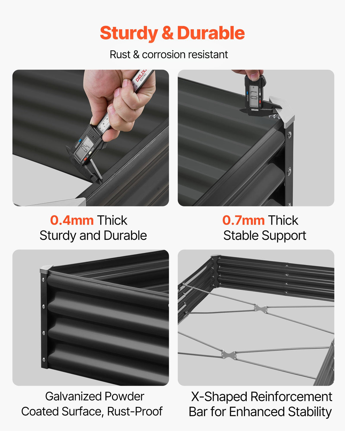 VEVOR metāla paaugstinātā dārza dobe 2,4 × 1,2 × 0,3 m, āra Galvalume stādīšanas kaste ar atvērtu apakšu, liela dobe dārzeņu, ziedu, garšaugu un sukulentu audzēšanai, tumši pelēka - ZEMLETES.LV