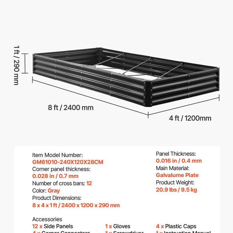 VEVOR metāla paaugstinātā dārza dobe 2,4 × 1,2 × 0,3 m, āra Galvalume stādīšanas kaste ar atvērtu apakšu, liela dobe dārzeņu, ziedu, garšaugu un sukulentu audzēšanai, tumši pelēka