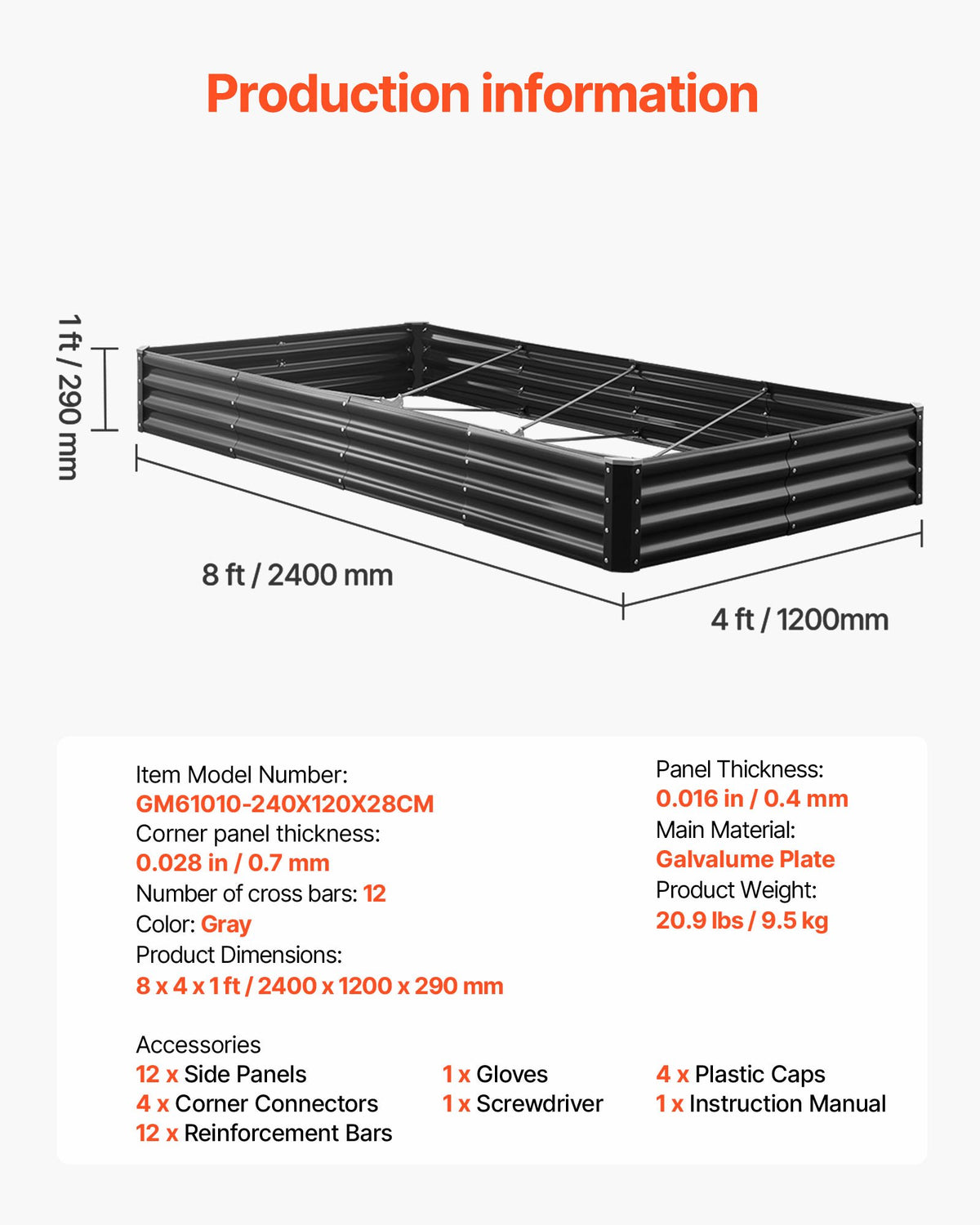 VEVOR metāla paaugstinātā dārza dobe 2,4 × 1,2 × 0,3 m, āra Galvalume stādīšanas kaste ar atvērtu apakšu, liela dobe dārzeņu, ziedu, garšaugu un sukulentu audzēšanai, tumši pelēka - ZEMLETES.LV