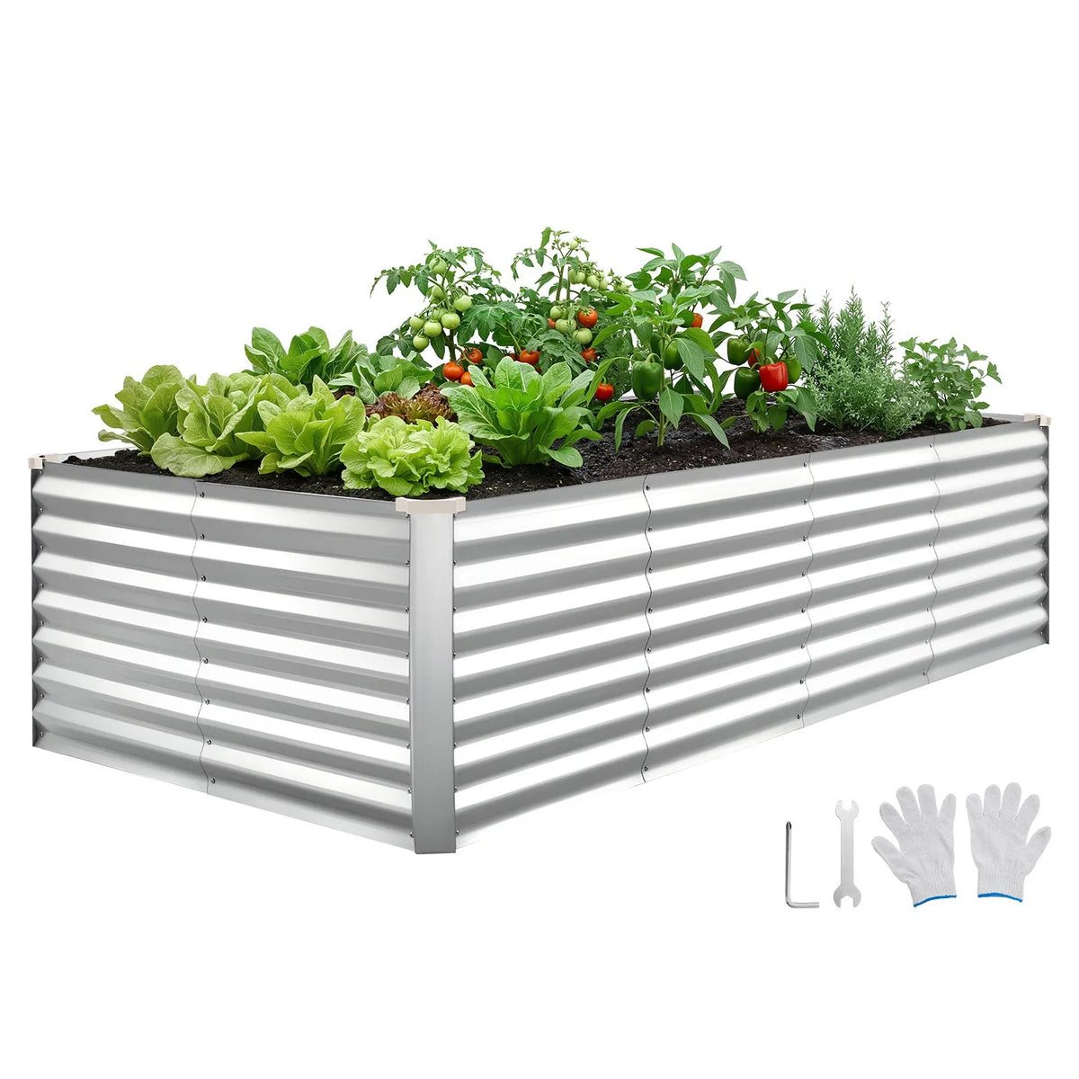 VEVOR cinkota paaugstinātā dārza dobe 2400 × 1200 × 620 mm, taisnstūra metāla stādīšanas kaste bez pamatnes ar cimdiem, Alu - cinka pārklājums, piemērota ziedu un dārzeņu audzēšanai, sudraba krāsā - ZEMLETES.LV