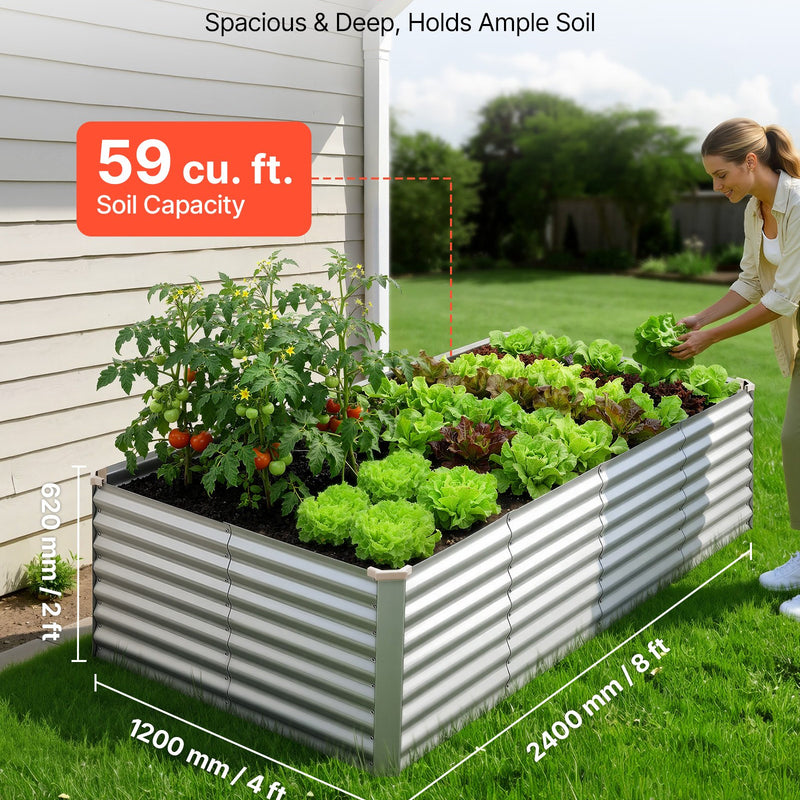 VEVOR cinkota paaugstinātā dārza dobe 2400 × 1200 × 620 mm, taisnstūra metāla stādīšanas kaste bez pamatnes ar cimdiem, Alu-cinka pārklājums, piemērota ziedu un dārzeņu audzēšanai, sudraba krāsā