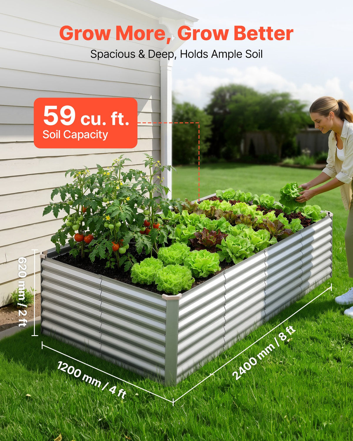 VEVOR cinkota paaugstinātā dārza dobe 2400 × 1200 × 620 mm, taisnstūra metāla stādīšanas kaste bez pamatnes ar cimdiem, Alu - cinka pārklājums, piemērota ziedu un dārzeņu audzēšanai, sudraba krāsā - ZEMLETES.LV