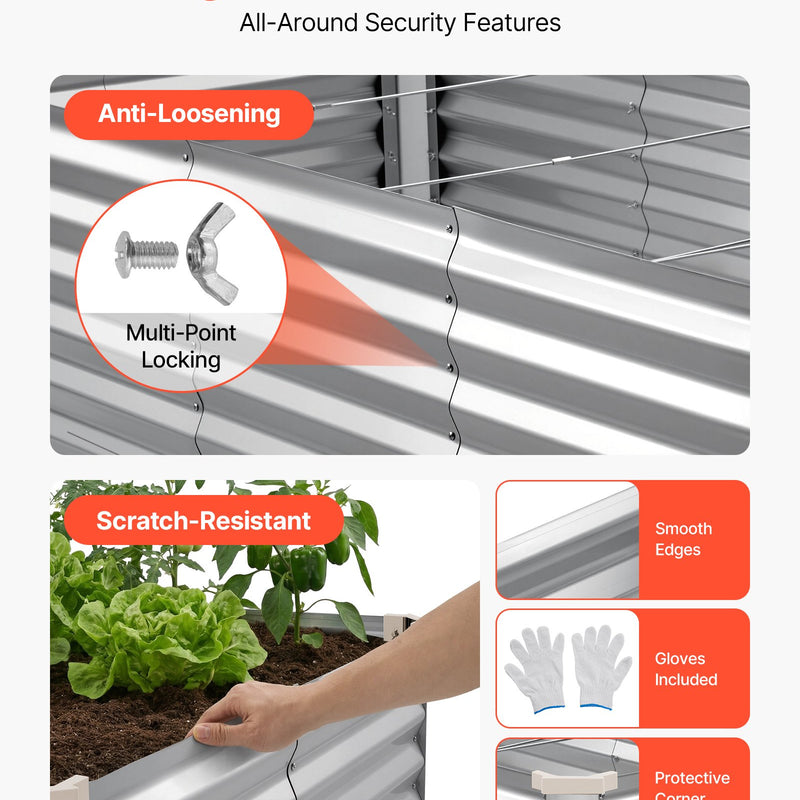 VEVOR cinkota paaugstinātā dārza dobe 2400 × 1200 × 620 mm, taisnstūra metāla stādīšanas kaste bez pamatnes ar cimdiem, Alu-cinka pārklājums, piemērota ziedu un dārzeņu audzēšanai, sudraba krāsā