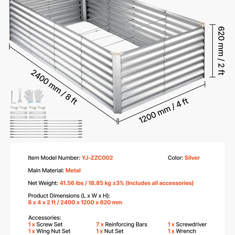 VEVOR cinkota paaugstinātā dārza dobe 2400 × 1200 × 620 mm, taisnstūra metāla stādīšanas kaste bez pamatnes ar cimdiem, Alu-cinka pārklājums, piemērota ziedu un dārzeņu audzēšanai, sudraba krāsā