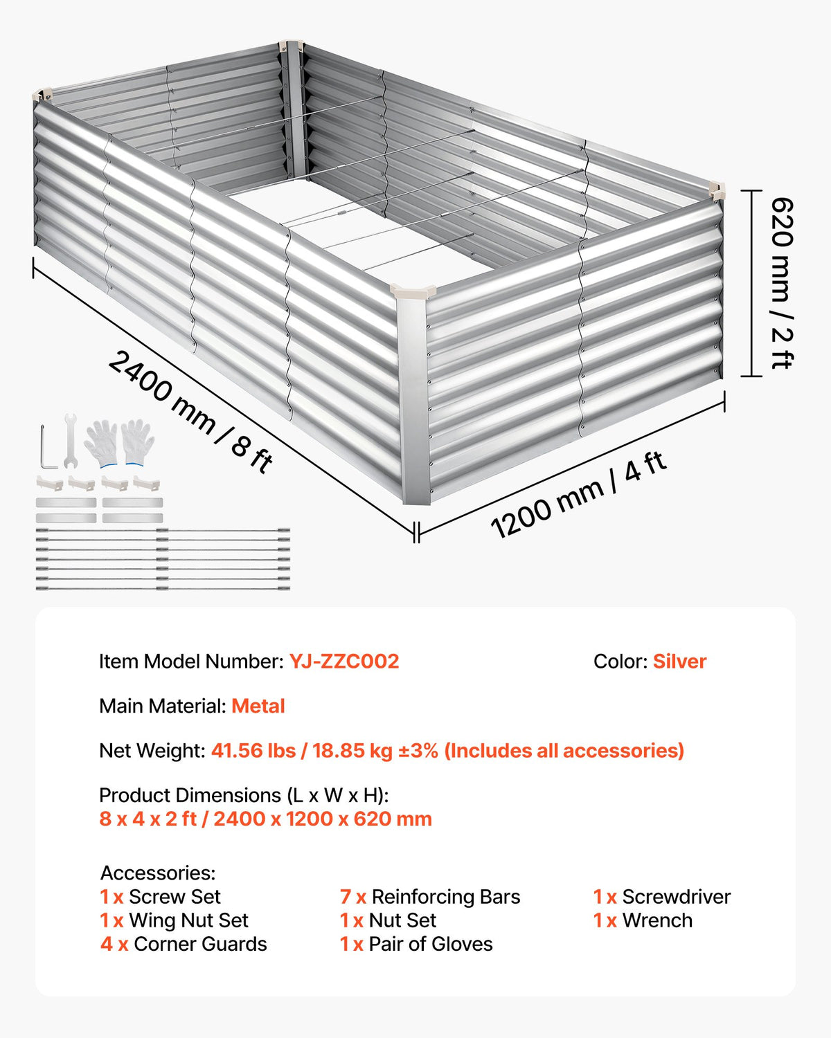 VEVOR cinkota paaugstinātā dārza dobe 2400 × 1200 × 620 mm, taisnstūra metāla stādīšanas kaste bez pamatnes ar cimdiem, Alu - cinka pārklājums, piemērota ziedu un dārzeņu audzēšanai, sudraba krāsā - ZEMLETES.LV