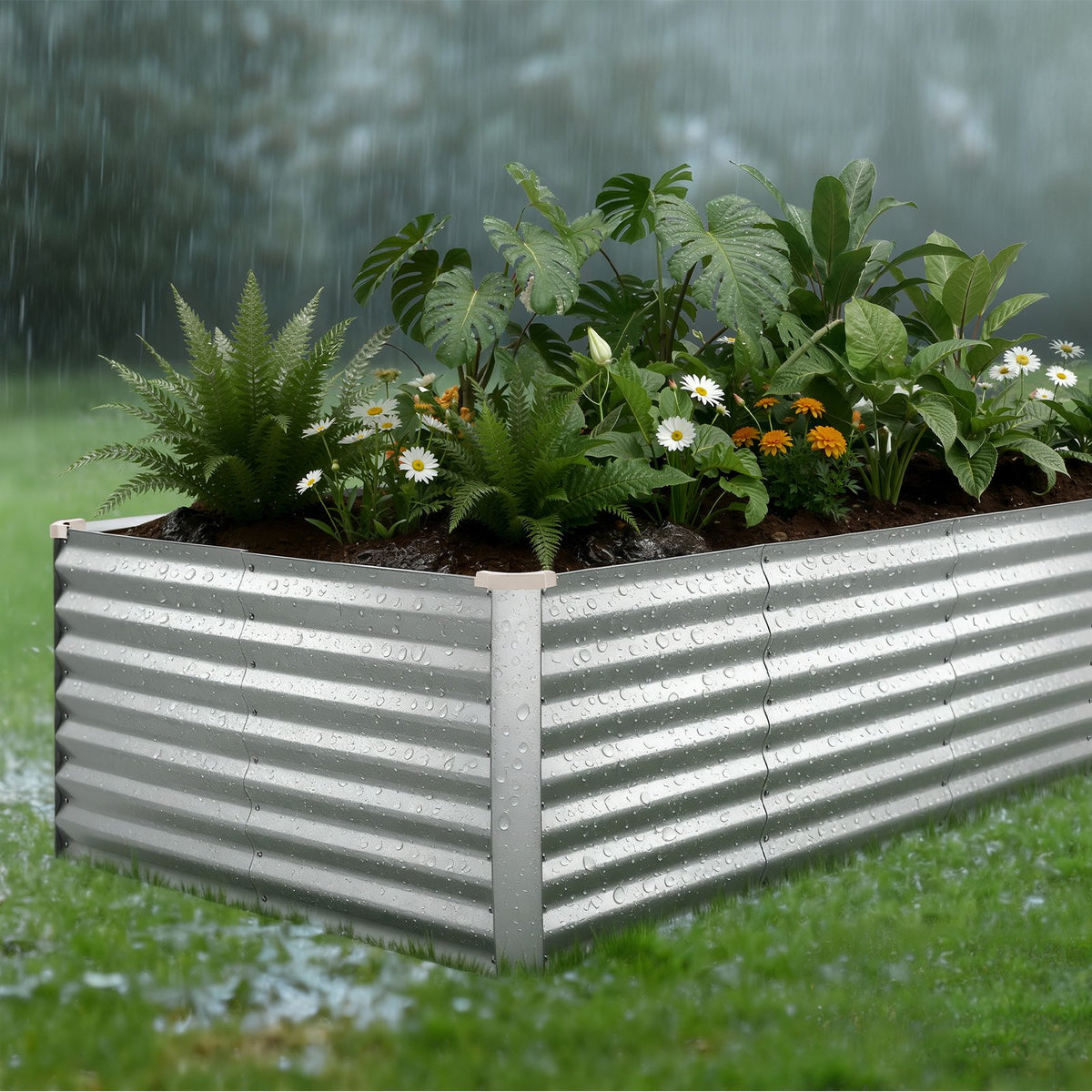 VEVOR cinkota paaugstinātā dārza dobe 2400 × 1200 × 620 mm, taisnstūra metāla stādīšanas kaste bez pamatnes ar cimdiem, Alu - cinka pārklājums, piemērota ziedu un dārzeņu audzēšanai, sudraba krāsā - ZEMLETES.LV