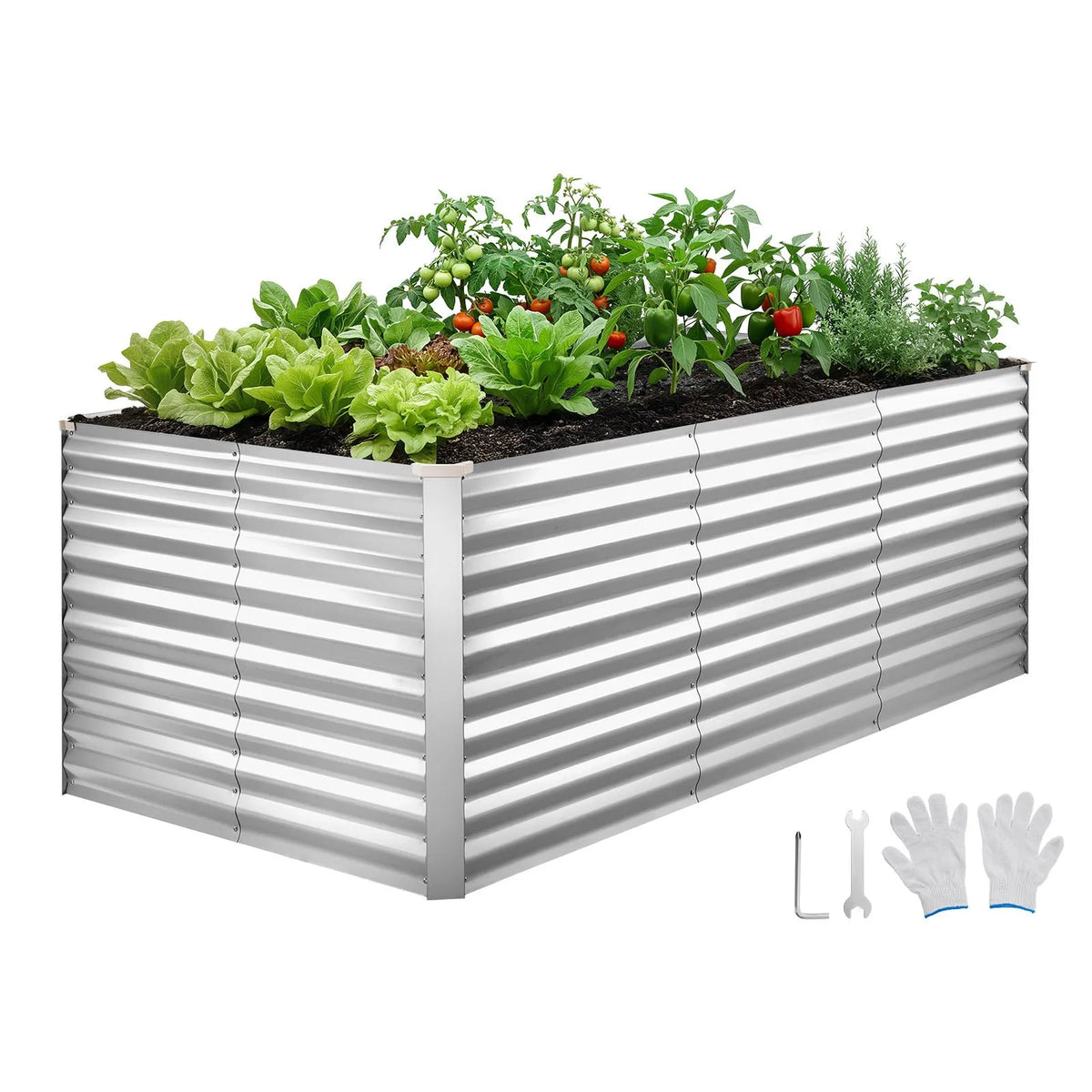 VEVOR Cinkota paaugstinātā dārza dobe 2400 x 1200 x 860 mm, taisnstūrveida metāla stādīšanas kaste āra lietošanai bez apakšas, alumīnija - cinka pārklājums, ar cimdiem, sudraba krāsa, ziedu un dārzeņu audzēšanai - ZEMLETES.LV