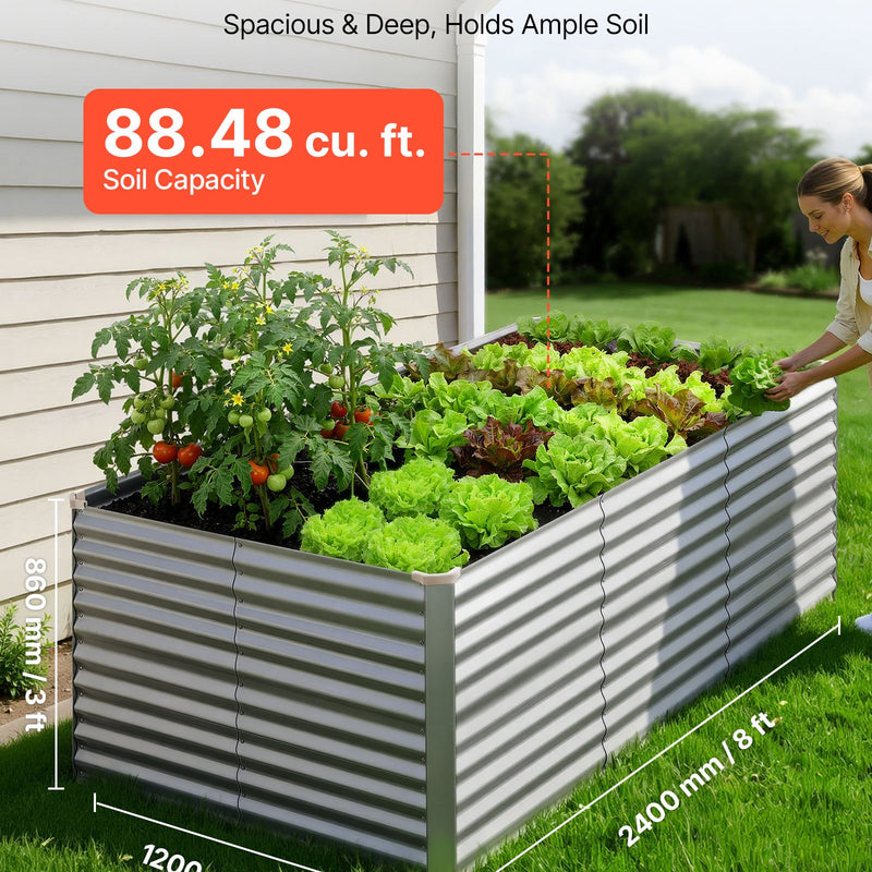 VEVOR Cinkota paaugstinātā dārza dobe 2400 x 1200 x 860 mm, taisnstūrveida metāla stādīšanas kaste āra lietošanai bez apakšas, alumīnija-cinka pārklājums, ar cimdiem, sudraba krāsa, ziedu un dārzeņu audzēšanai