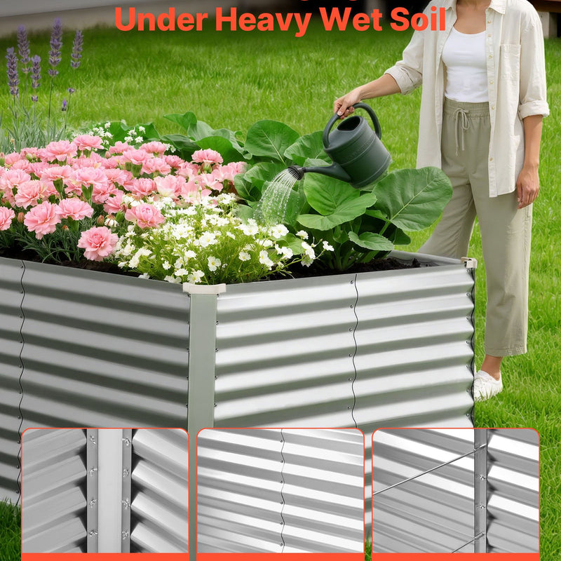 VEVOR Cinkota paaugstinātā dārza dobe 2400 x 1200 x 860 mm, taisnstūrveida metāla stādīšanas kaste āra lietošanai bez apakšas, alumīnija-cinka pārklājums, ar cimdiem, sudraba krāsa, ziedu un dārzeņu audzēšanai