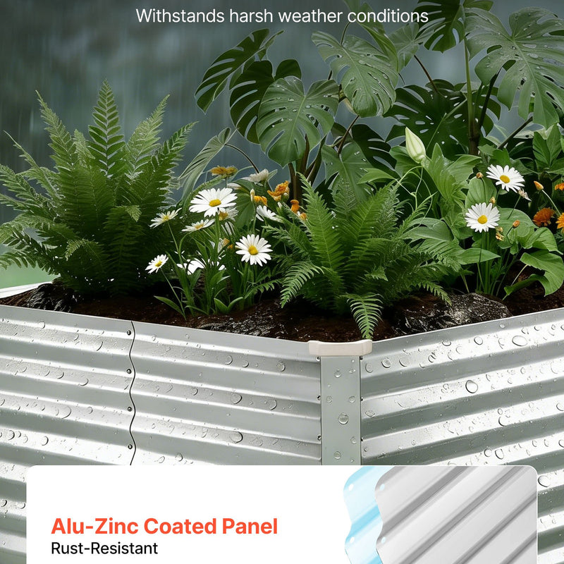 VEVOR Cinkota paaugstinātā dārza dobe 2400 x 1200 x 860 mm, taisnstūrveida metāla stādīšanas kaste āra lietošanai bez apakšas, alumīnija-cinka pārklājums, ar cimdiem, sudraba krāsa, ziedu un dārzeņu audzēšanai