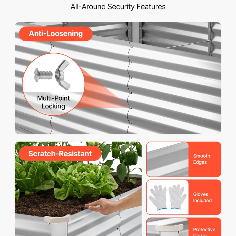 VEVOR Cinkota paaugstinātā dārza dobe 2400 x 1200 x 860 mm, taisnstūrveida metāla stādīšanas kaste āra lietošanai bez apakšas, alumīnija-cinka pārklājums, ar cimdiem, sudraba krāsa, ziedu un dārzeņu audzēšanai