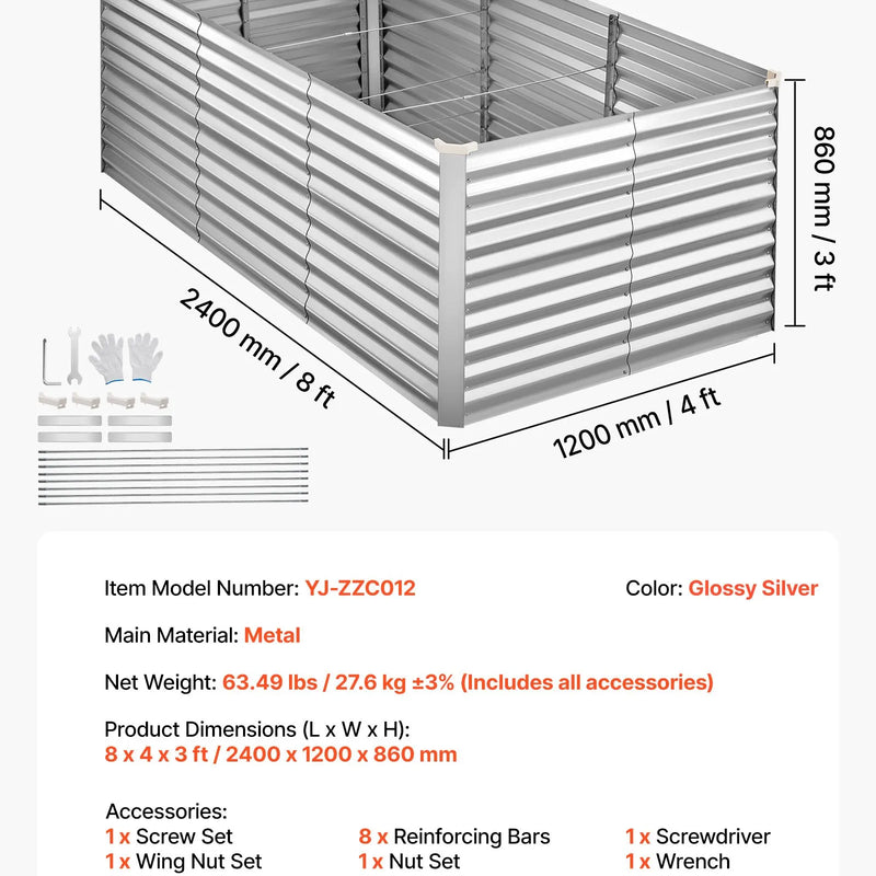 VEVOR Cinkota paaugstinātā dārza dobe 2400 x 1200 x 860 mm, taisnstūrveida metāla stādīšanas kaste āra lietošanai bez apakšas, alumīnija-cinka pārklājums, ar cimdiem, sudraba krāsa, ziedu un dārzeņu audzēšanai