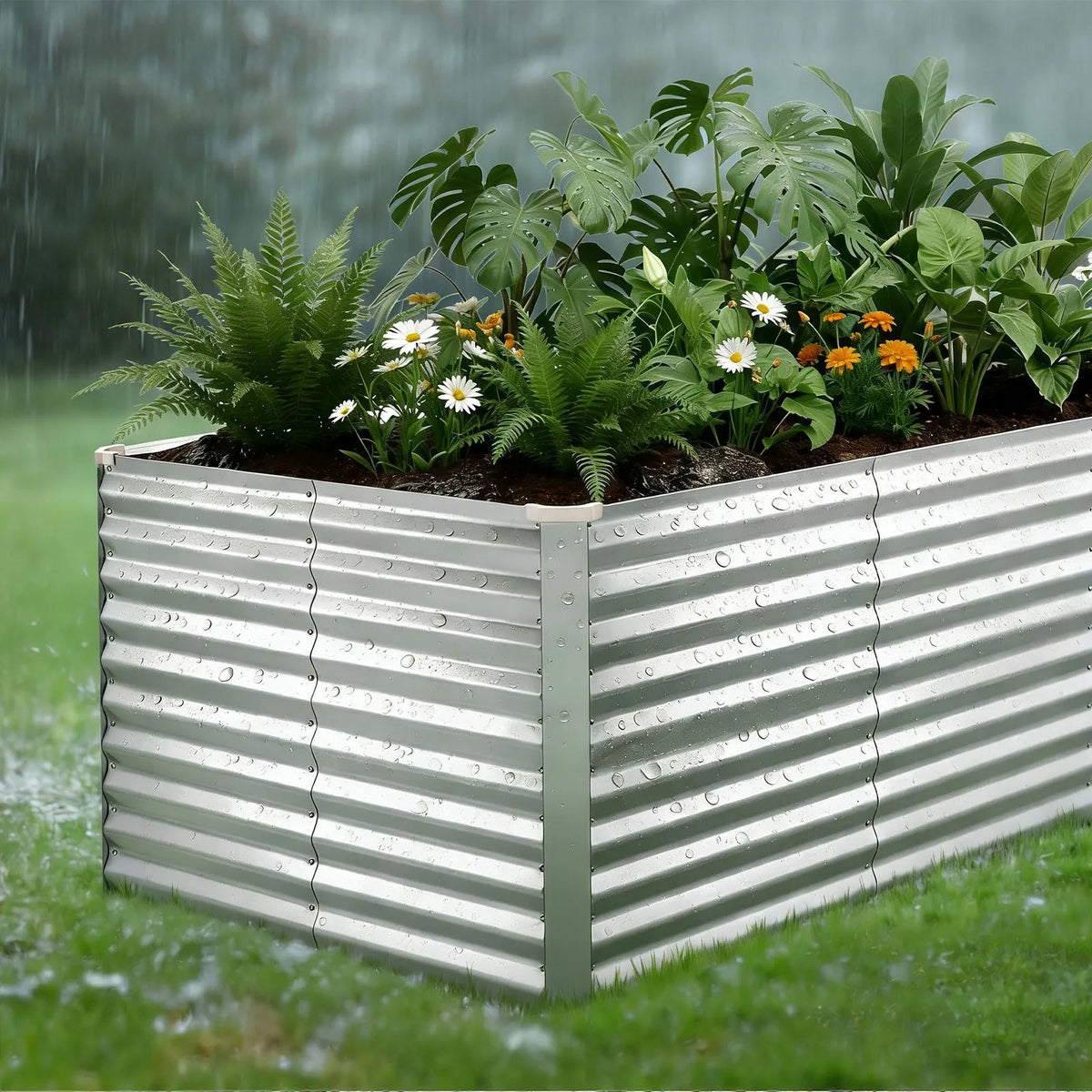 VEVOR Cinkota paaugstinātā dārza dobe 2400 x 1200 x 860 mm, taisnstūrveida metāla stādīšanas kaste āra lietošanai bez apakšas, alumīnija - cinka pārklājums, ar cimdiem, sudraba krāsa, ziedu un dārzeņu audzēšanai - ZEMLETES.LV