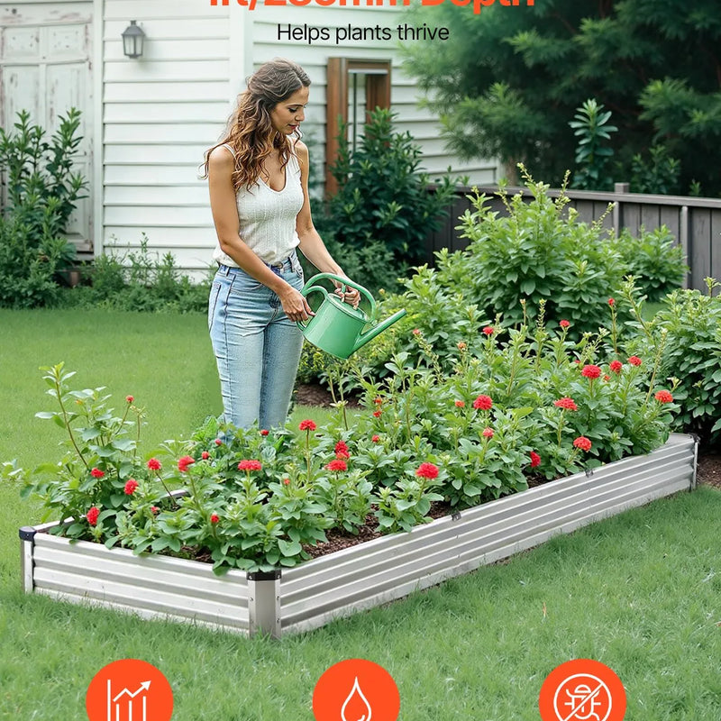 Metāla paaugstinātā dārza dobe 366 × 122 × 30 cm āra cinkota stādīšanas kaste sudraba krāsā