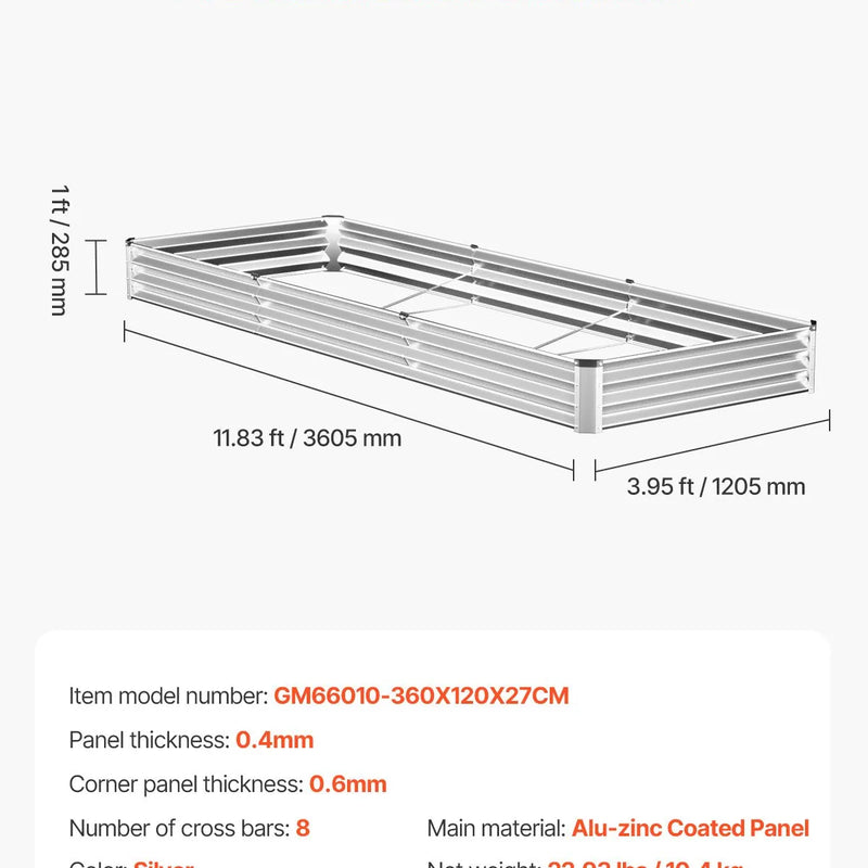 Metāla paaugstinātā dārza dobe 366 × 122 × 30 cm āra cinkota stādīšanas kaste sudraba krāsā