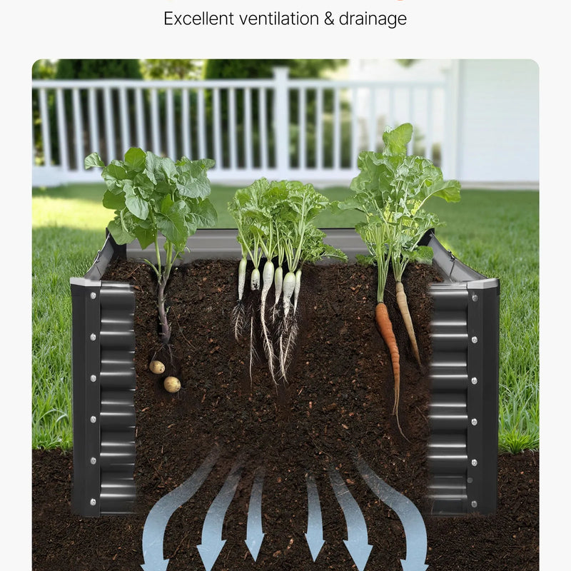 VEVOR metāla paaugstinātā dārza dobe 1,8 × 0,9 × 0,4 m, cinkota āra stādīšanas kaste ar atvērtu apakšu, liela stādīšanas dobe dārzeņu, ziedu, garšaugu un sukulentu audzēšanai, tumši pelēka