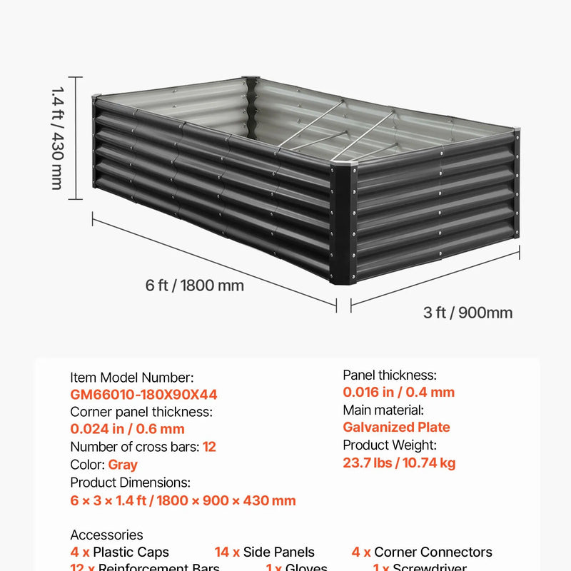 VEVOR metāla paaugstinātā dārza dobe 1,8 × 0,9 × 0,4 m, cinkota āra stādīšanas kaste ar atvērtu apakšu, liela stādīšanas dobe dārzeņu, ziedu, garšaugu un sukulentu audzēšanai, tumši pelēka