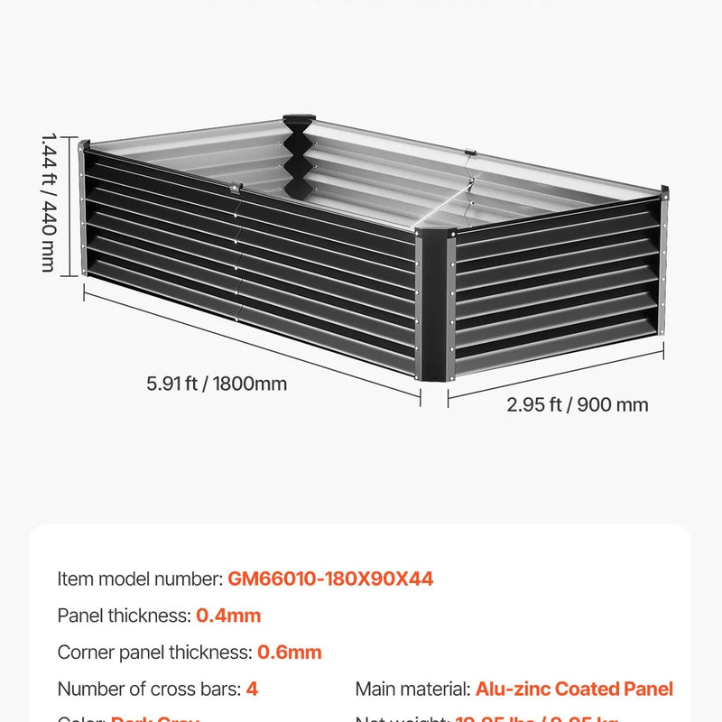 Metāla paaugstinātā dārza dobe 183 × 91 × 46 cm āra cinkota stādīšanas kaste tumši pelēka