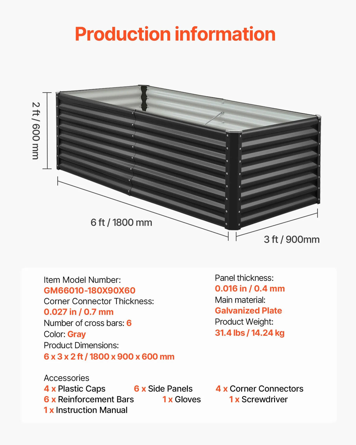 VEVOR Metāla paaugstinātā dārza dobe 1,8 × 0,9 × 0,6 m, āra cinkota stādīšanas kaste ar atvērtu pamatni, liela paaugstinātā dobe dārzeņu, ziedu, garšaugu un sukulentu audzēšanai, tumši pelēka - ZEMLETES.LV