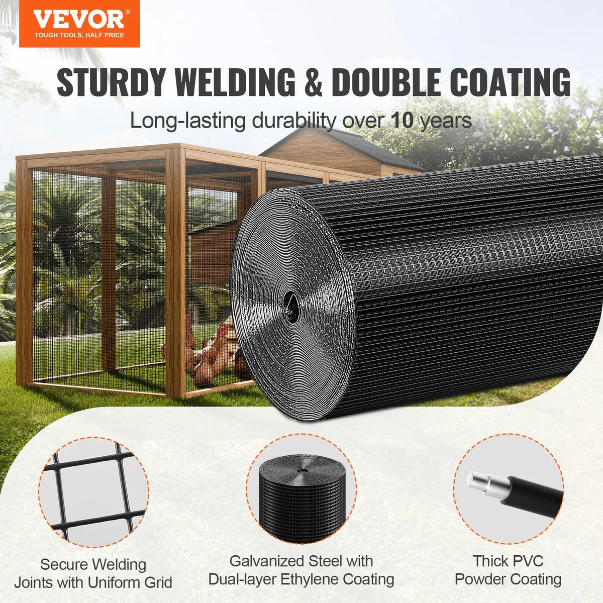 Metal mesh 610 × 30 480 mm, 1.0 mm wire, galvanised with vinyl coating, for chicken runs, rabbit and snake fencing, poultry enclosures