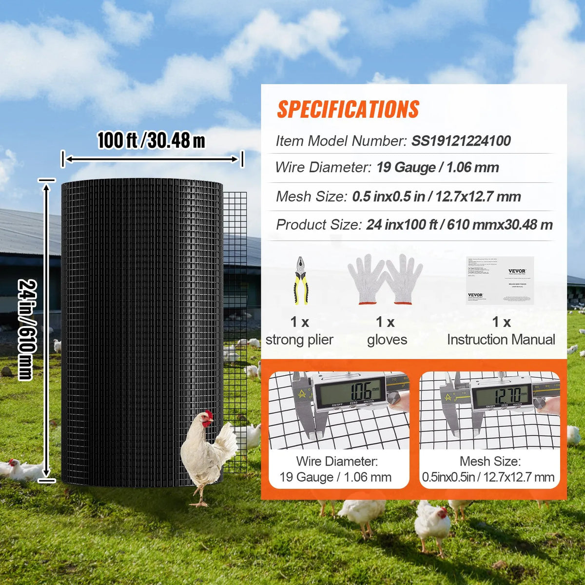 Metal mesh 610 × 30 480 mm, 1.0 mm wire, galvanised with vinyl coating, for chicken runs, rabbit and snake fencing, poultry enclosures