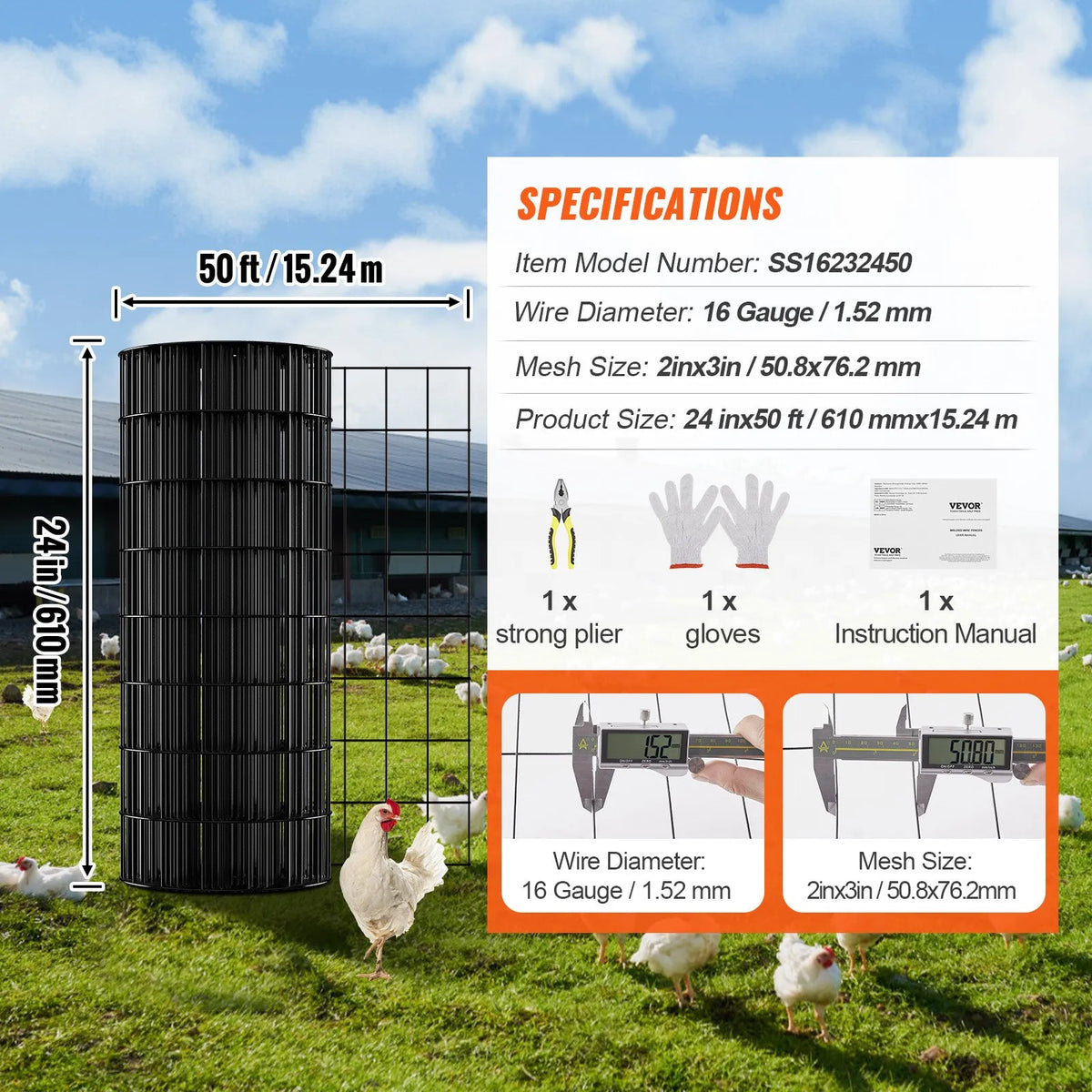 Metal mesh 61 × 1524 cm, 16 Ga galvanised wire with vinyl coating, chicken fence, rabbit and snake protection, poultry enclosures