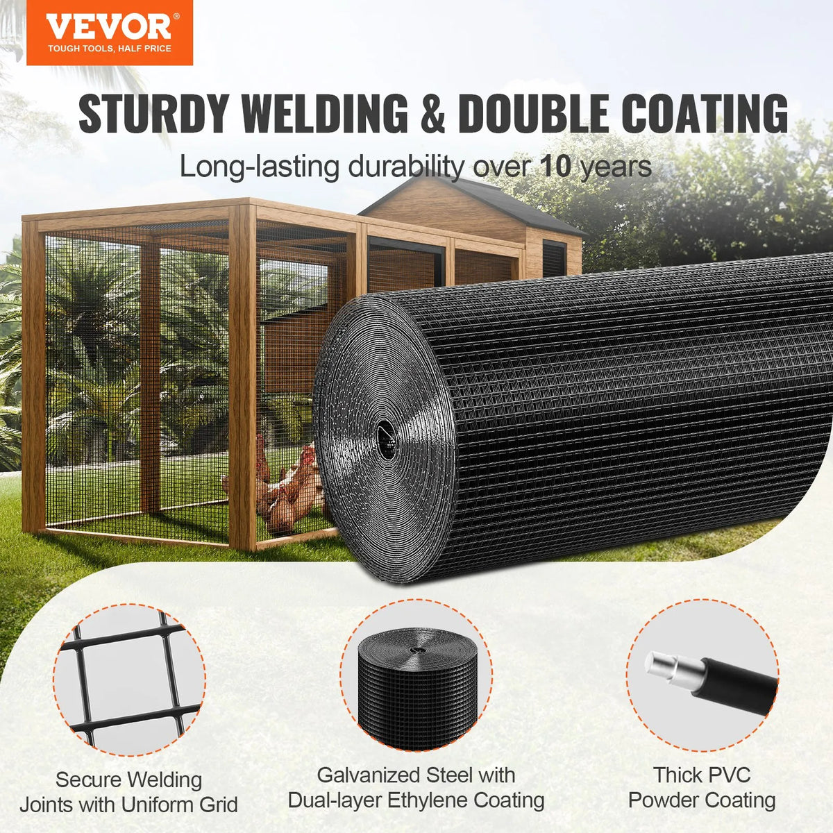 Galvanised Metal Mesh Roll 910 × 30 480 mm, 19 Gauge, with Vinyl Coating, for Chicken Coops, Rabbit and Snake Fencing, Poultry Enclosures
