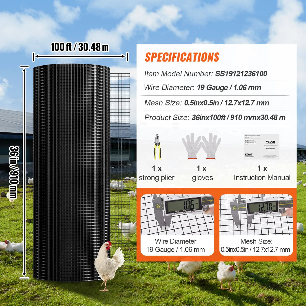 Galvanised Metal Mesh Roll 910 × 30 480 mm, 19 Gauge, with Vinyl Coating, for Chicken Coops, Rabbit and Snake Fencing, Poultry Enclosures