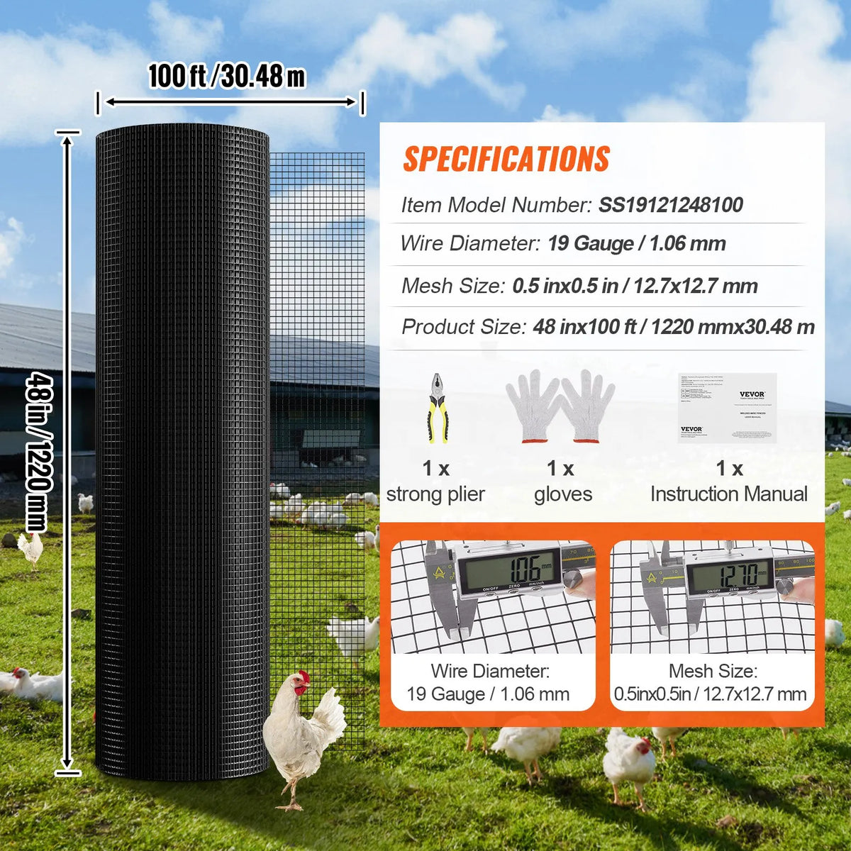 Metal mesh 1220 × 30 480 mm, 1.0 mm wire, hot-dipped galvanised with vinyl coating, for chicken coops, rabbit and snake fencing, bird enclosures