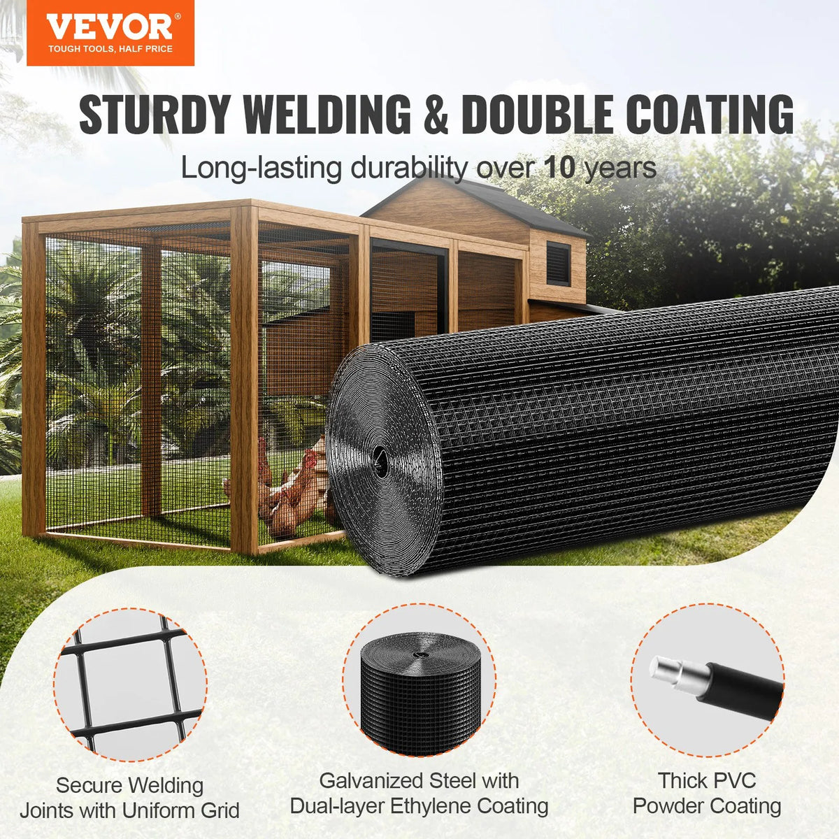 Metal mesh 1220 × 2400 mm, 1.0 mm wire, hot-dip galvanised with vinyl coating, for chicken coops, rabbit and snake fencing, bird enclosures