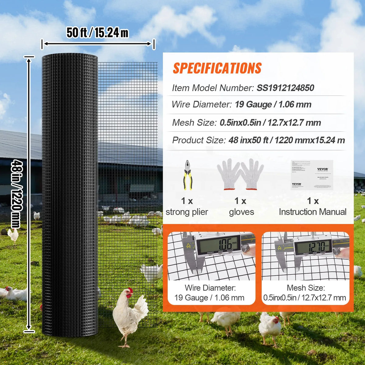 Metal mesh 1220 × 2400 mm, 1.0 mm wire, hot-dip galvanised with vinyl coating, for chicken coops, rabbit and snake fencing, bird enclosures
