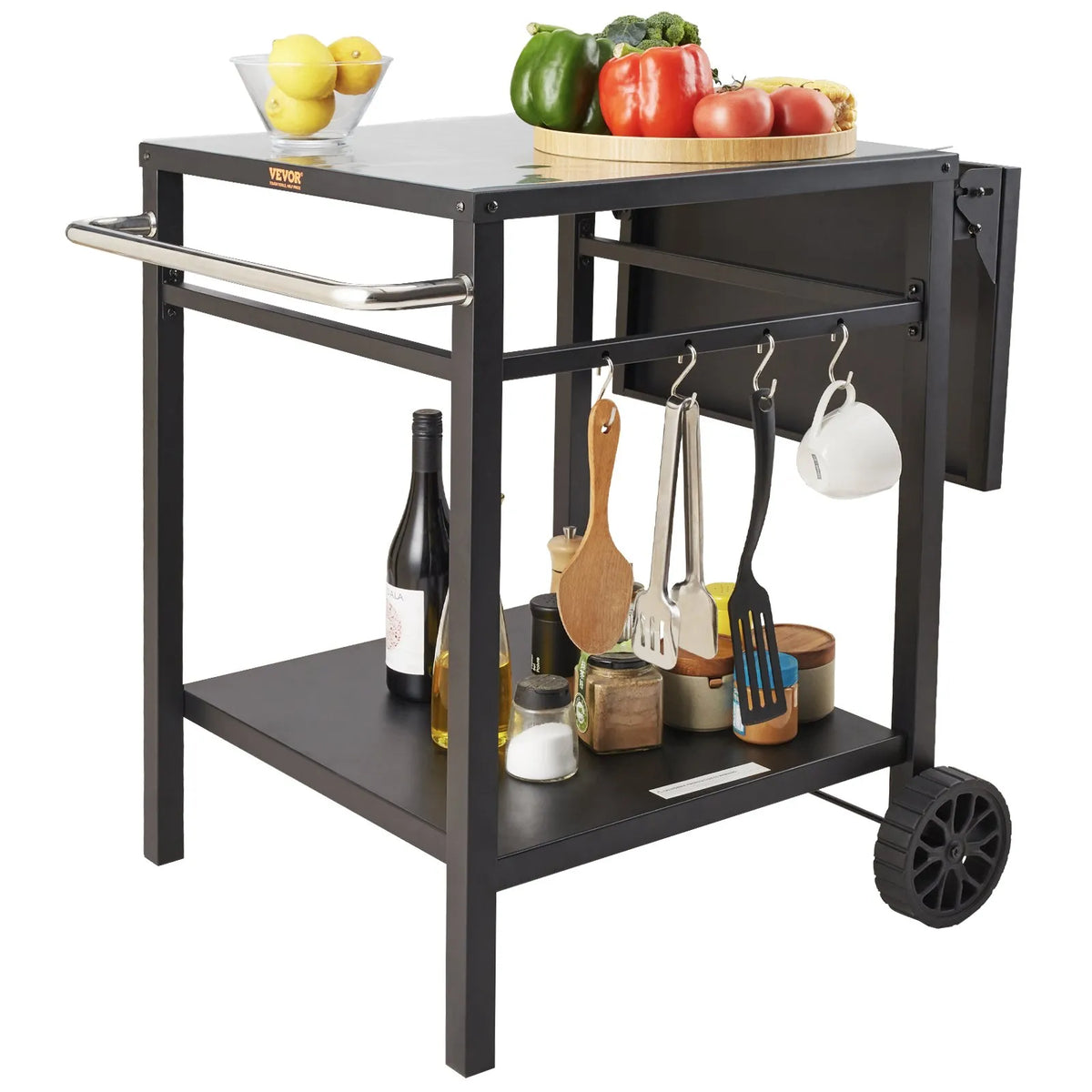 VEVOR Portable Outdoor Grill and Dining Table with Two Shelves, BBQ Food Preparation Table with Foldable Metal Work Surface, Portable Modular Table for Pizza Oven, Work Table with 2 Wheels and Carrying Handle