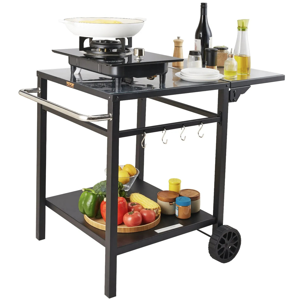 VEVOR Portable Outdoor Grill and Dining Table with Two Shelves, BBQ Food Preparation Table with Foldable Metal Work Surface, Portable Modular Table for Pizza Oven, Work Table with 2 Wheels and Carrying Handle