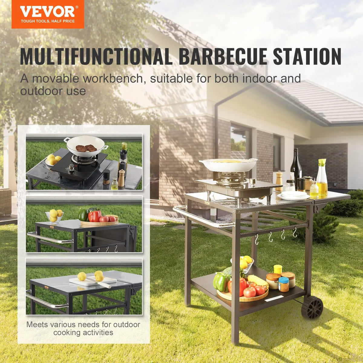 VEVOR Portable Outdoor Grill and Dining Table with Two Shelves, BBQ Food Preparation Table with Foldable Metal Work Surface, Portable Modular Table for Pizza Oven, Work Table with 2 Wheels and Carrying Handle