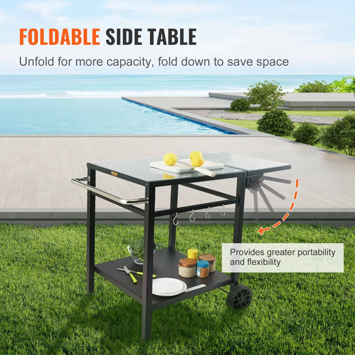 VEVOR Portable Outdoor Grill and Dining Table with Two Shelves, BBQ Food Preparation Table with Foldable Metal Work Surface, Portable Modular Table for Pizza Oven, Work Table with 2 Wheels and Carrying Handle