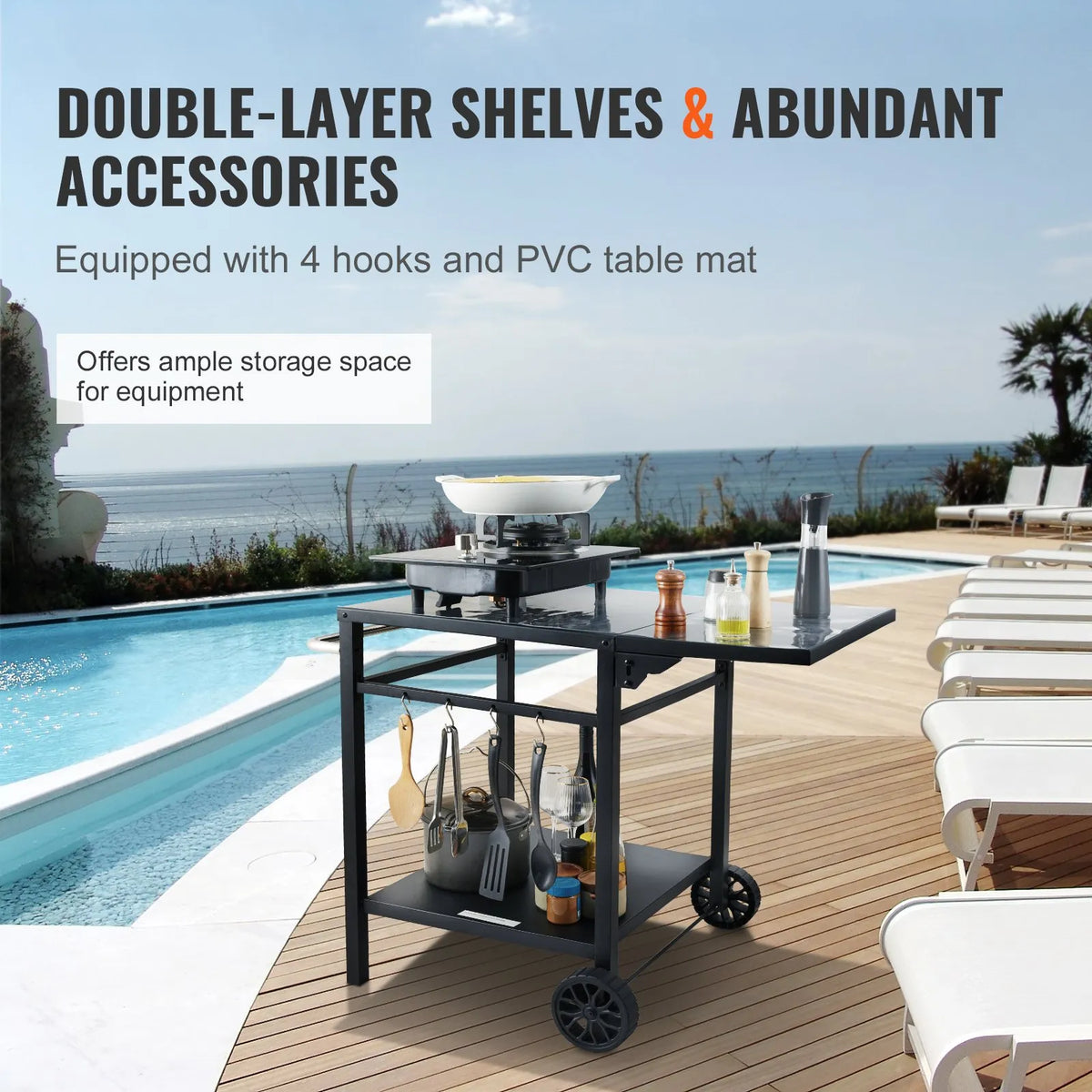VEVOR Portable Outdoor Grill and Dining Table with Two Shelves, BBQ Food Preparation Table with Foldable Metal Work Surface, Portable Modular Table for Pizza Oven, Work Table with 2 Wheels and Carrying Handle