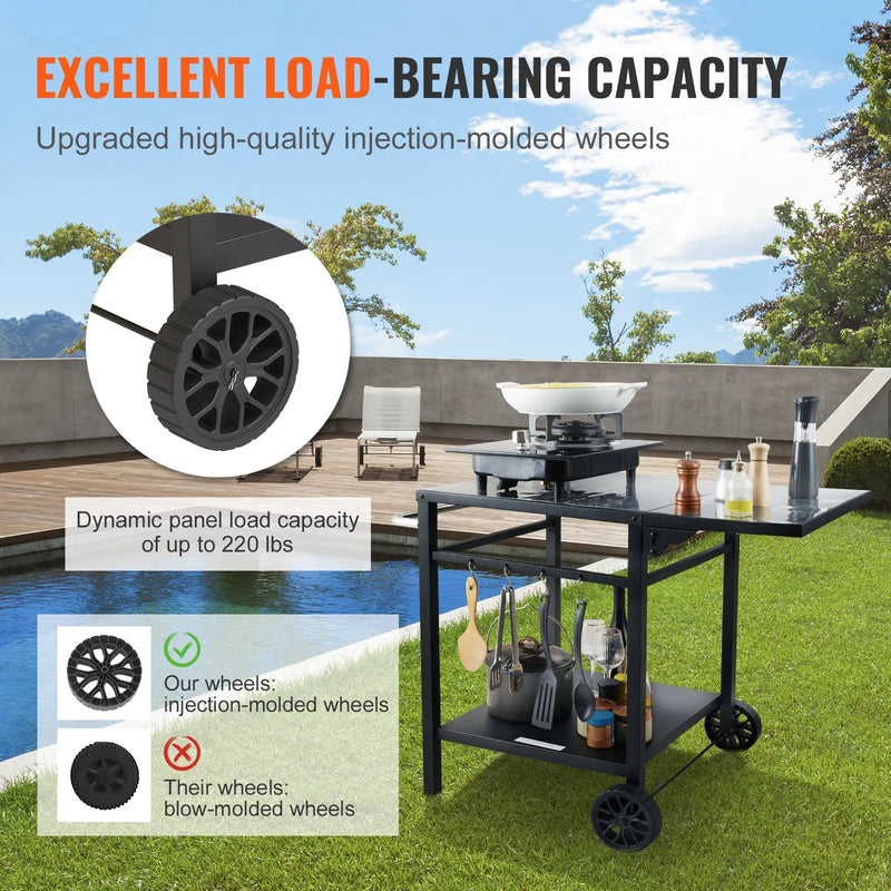 VEVOR pārvietojams āra grila un ēdināšanas galds ar diviem plauktiem, BBQ pārtikas sagatavošanas galds ar salokāmu metāla darba virsmu, portatīvs modulārs galds picas krāsnij, darba galds ar 2 riteņiem un pārnēsāšanas rokturi