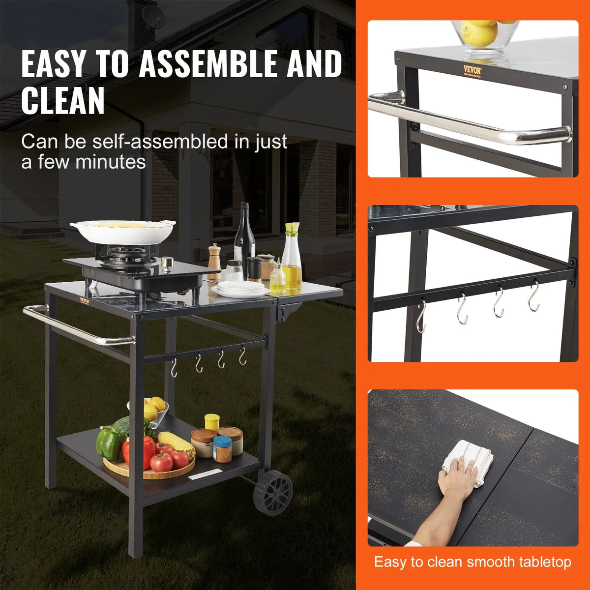 VEVOR Portable Outdoor Grill and Dining Table with Two Shelves, BBQ Food Preparation Table with Foldable Metal Work Surface, Portable Modular Table for Pizza Oven, Work Table with 2 Wheels and Carrying Handle