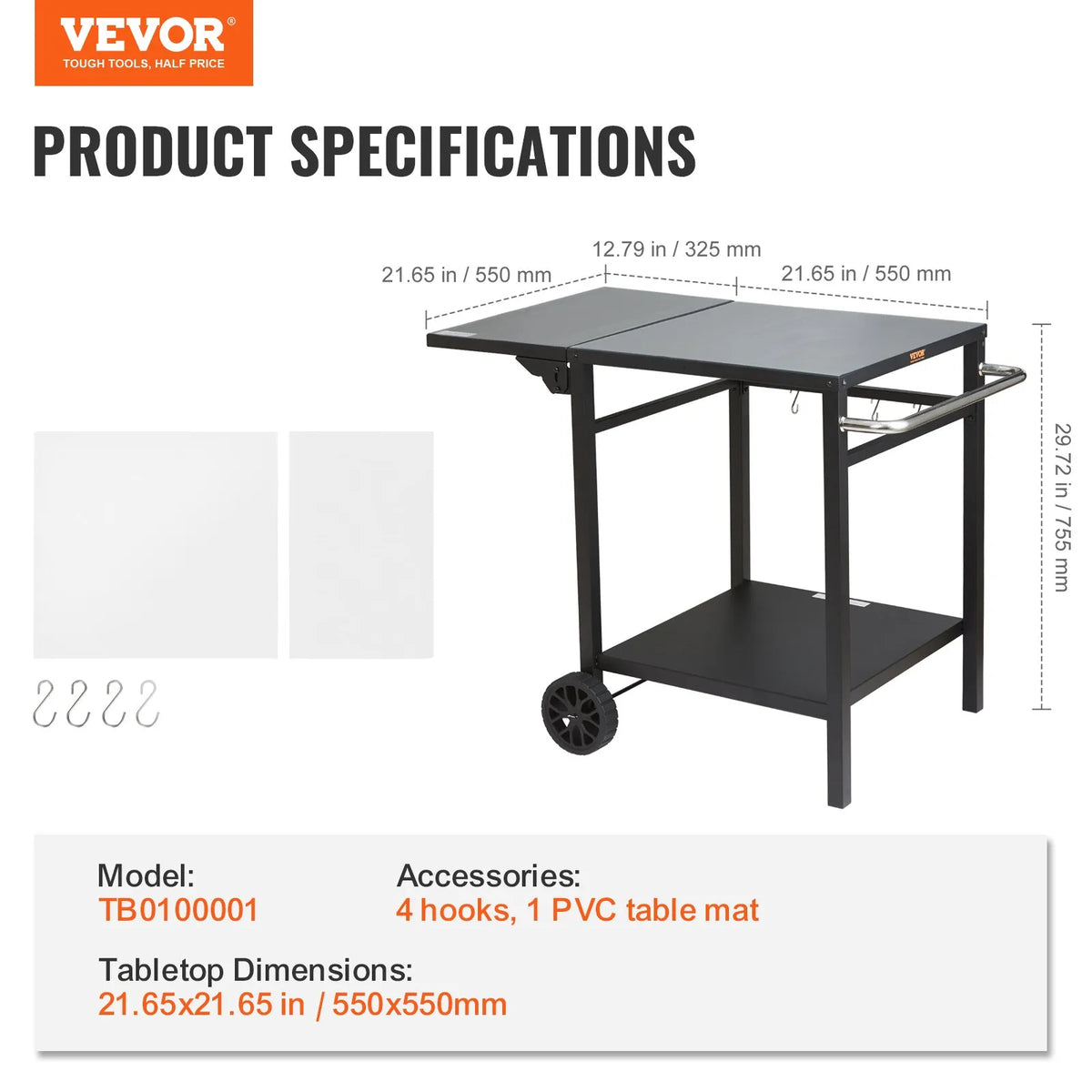 VEVOR Portable Outdoor Grill and Dining Table with Two Shelves, BBQ Food Preparation Table with Foldable Metal Work Surface, Portable Modular Table for Pizza Oven, Work Table with 2 Wheels and Carrying Handle