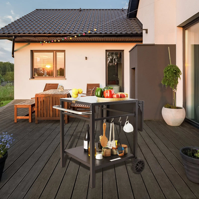 VEVOR pārvietojams āra grila un ēdināšanas galds ar diviem plauktiem, BBQ pārtikas sagatavošanas galds ar salokāmu metāla darba virsmu, portatīvs modulārs galds picas krāsnij, darba galds ar 2 riteņiem un pārnēsāšanas rokturi