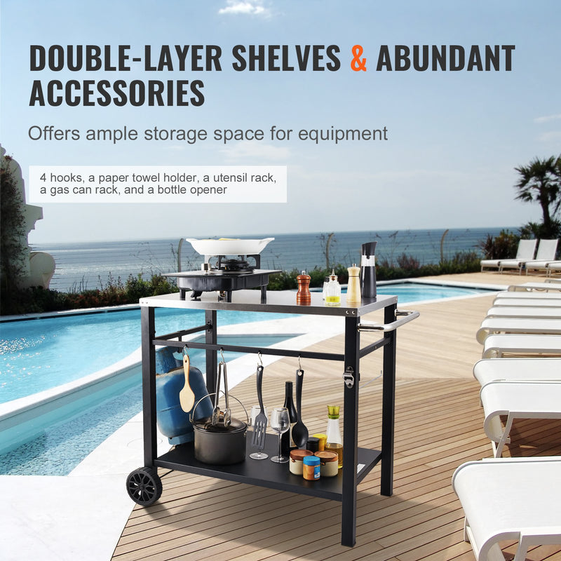 VEVOR nerūsējošā tērauda āra grila galds ar dubultplauktu, pārvietojams, daudzfunkcionāls, piemērots BBQ un picas krāsnīm, 2 riteņi un rokturis