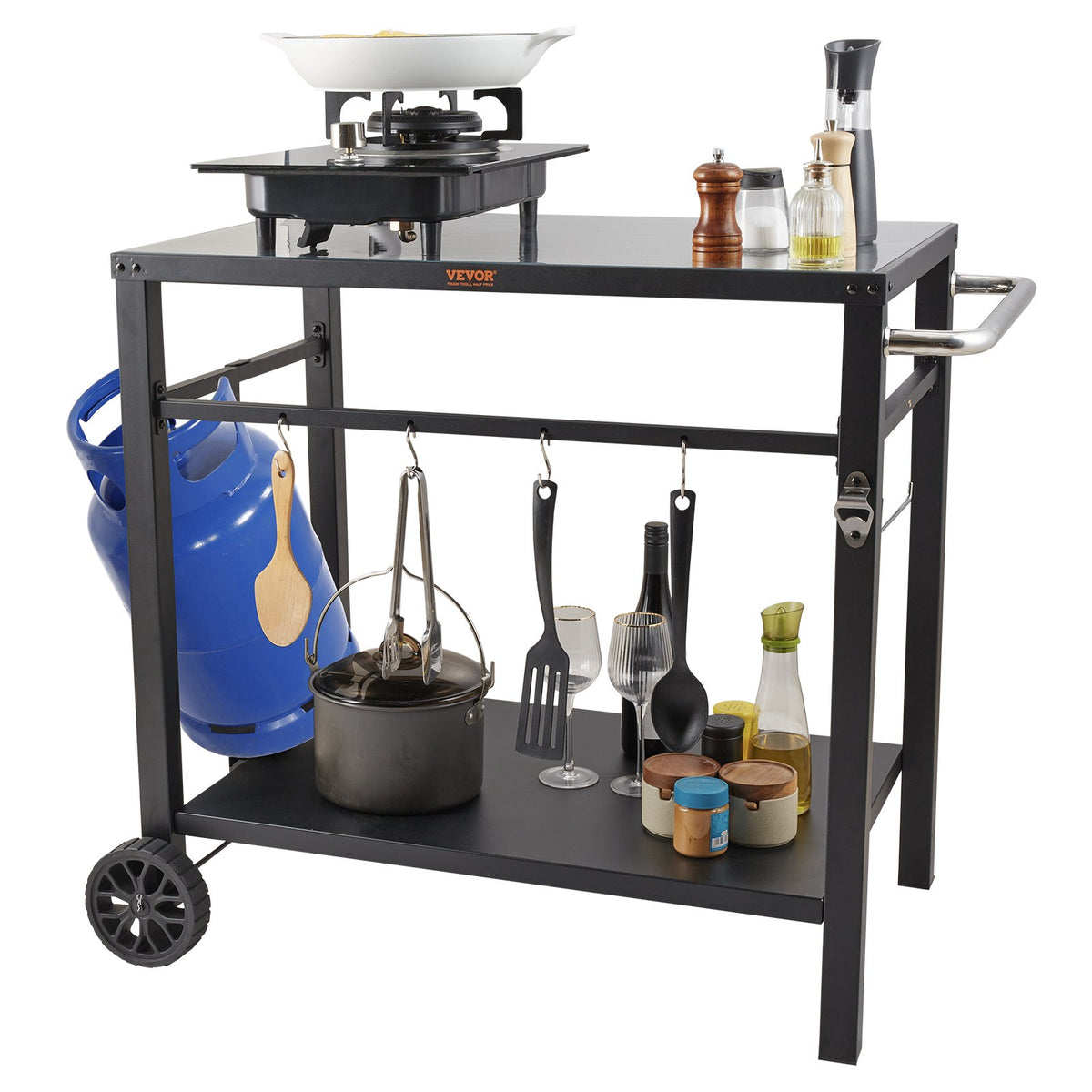 VEVOR Portable Outdoor Grill and Dining Table with Two Shelves, BBQ Food Preparation Table with Multifunctional Metal Work Surface, Portable Modular Table for Pizza Oven, Work Table with 2 Wheels and Carrying Handle, Black