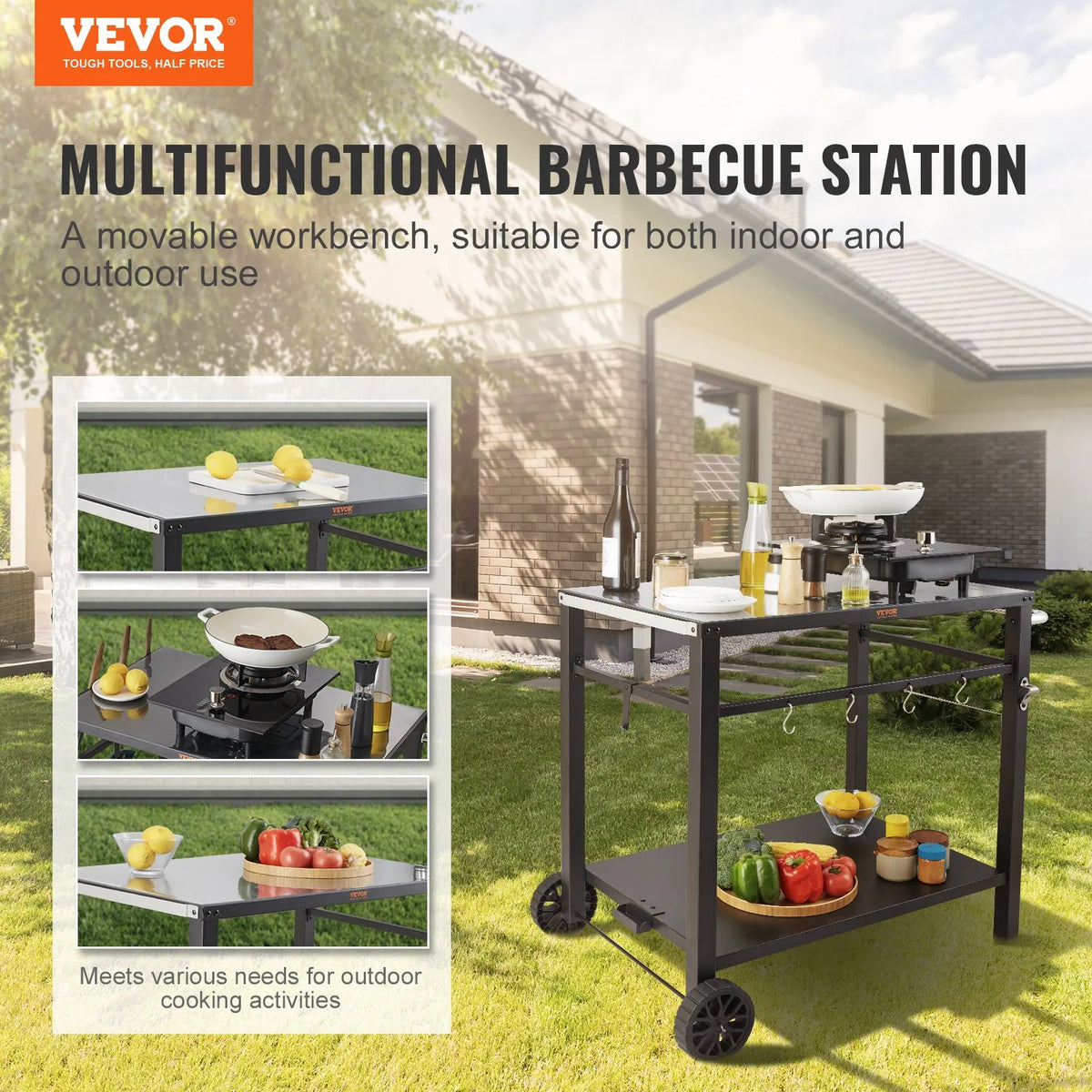 VEVOR Portable Outdoor Grill and Dining Table with Two Shelves, BBQ Food Preparation Table with Multifunctional Metal Work Surface, Portable Modular Table for Pizza Oven, Work Table with 2 Wheels and Carrying Handle, Black