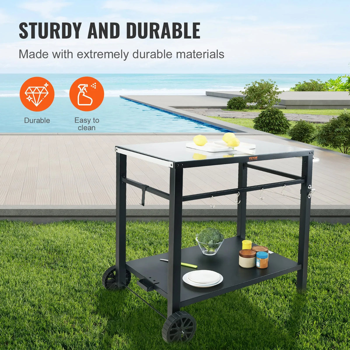 VEVOR Portable Outdoor Grill and Dining Table with Two Shelves, BBQ Food Preparation Table with Multifunctional Metal Work Surface, Portable Modular Table for Pizza Oven, Work Table with 2 Wheels and Carrying Handle, Black