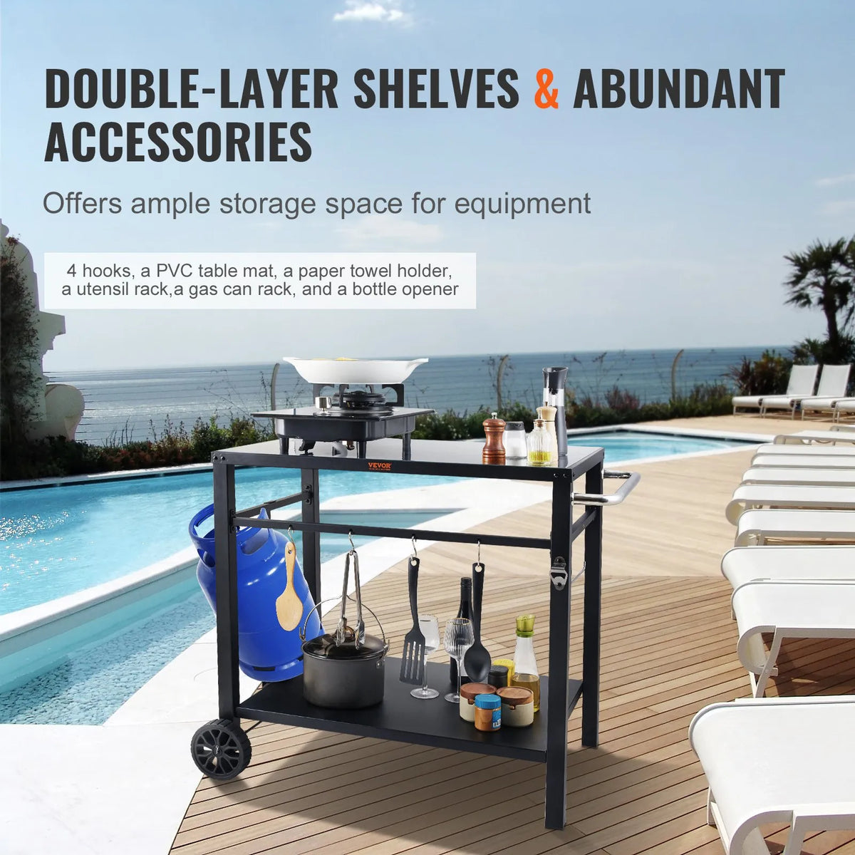 VEVOR Portable Outdoor Grill and Dining Table with Two Shelves, BBQ Food Preparation Table with Multifunctional Metal Work Surface, Portable Modular Table for Pizza Oven, Work Table with 2 Wheels and Carrying Handle, Black