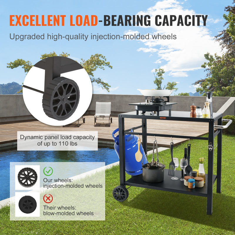 VEVOR pārvietojams āra grila un ēdināšanas galds ar diviem plauktiem, BBQ pārtikas sagatavošanas galds ar daudzfunkcionālu metāla darba virsmu, portatīvs modulārs galds picas krāsnij, darba galds ar 2 riteņiem un pārnēsāšanas rokturi, melns