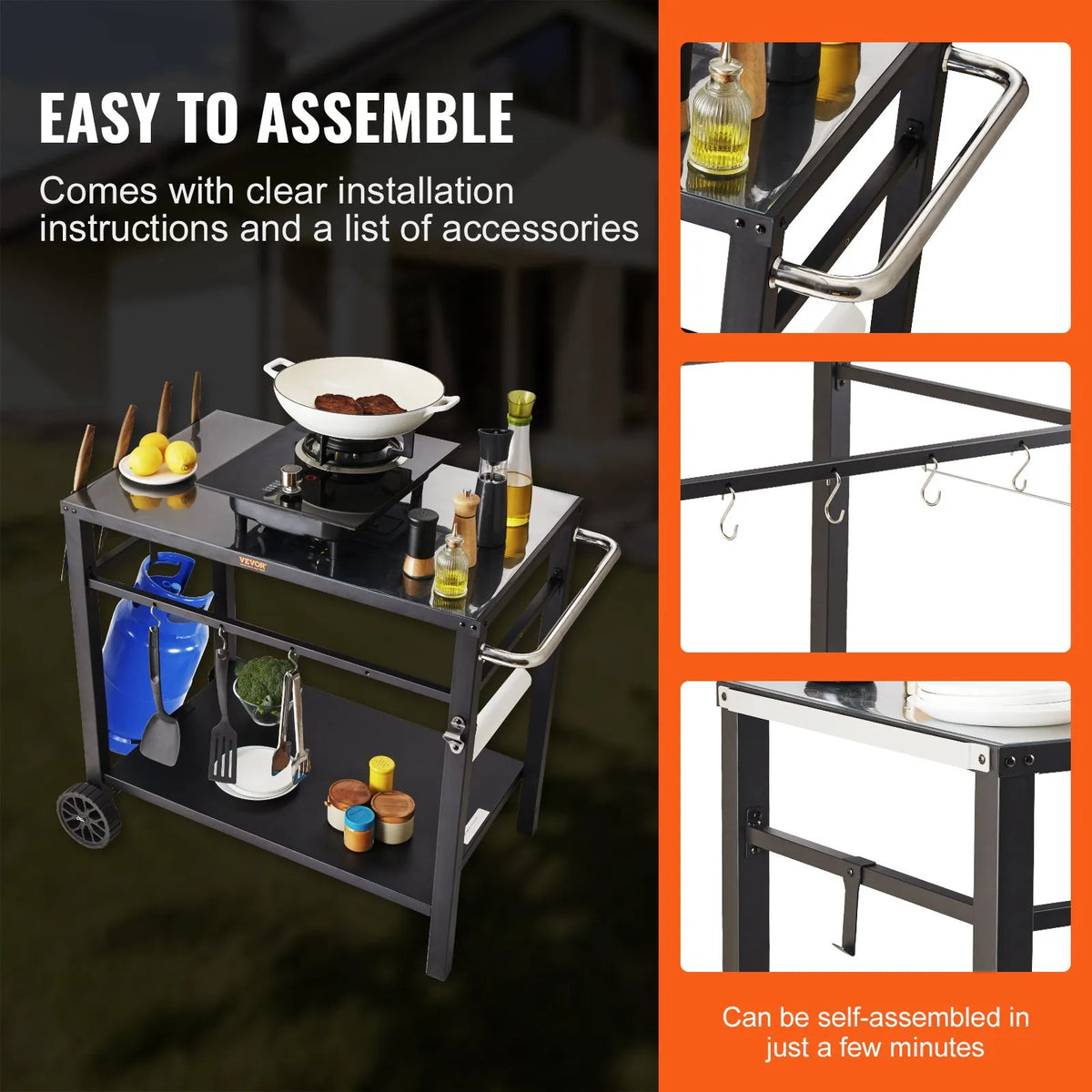 VEVOR Portable Outdoor Grill and Dining Table with Two Shelves, BBQ Food Preparation Table with Multifunctional Metal Work Surface, Portable Modular Table for Pizza Oven, Work Table with 2 Wheels and Carrying Handle, Black