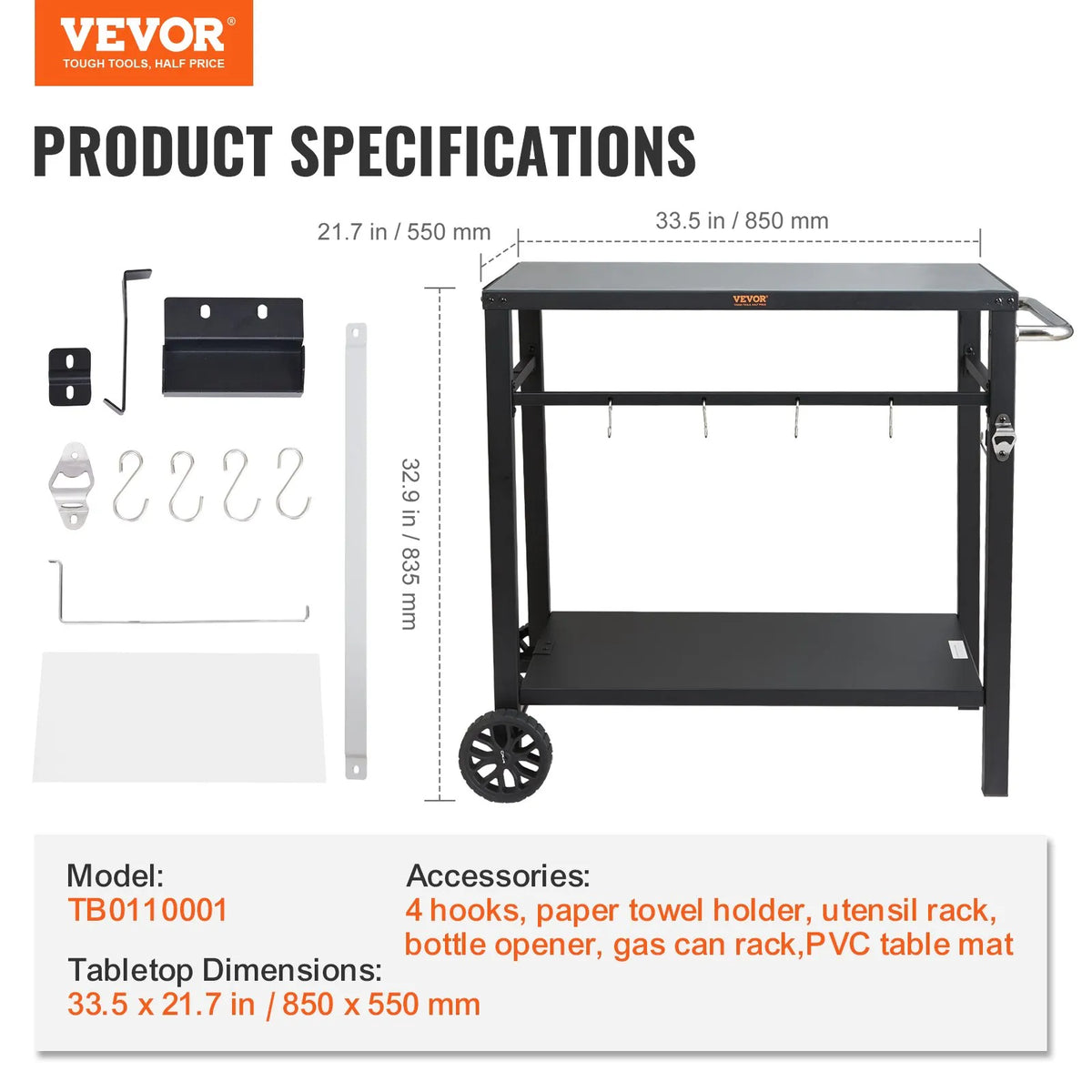 VEVOR Portable Outdoor Grill and Dining Table with Two Shelves, BBQ Food Preparation Table with Multifunctional Metal Work Surface, Portable Modular Table for Pizza Oven, Work Table with 2 Wheels and Carrying Handle, Black