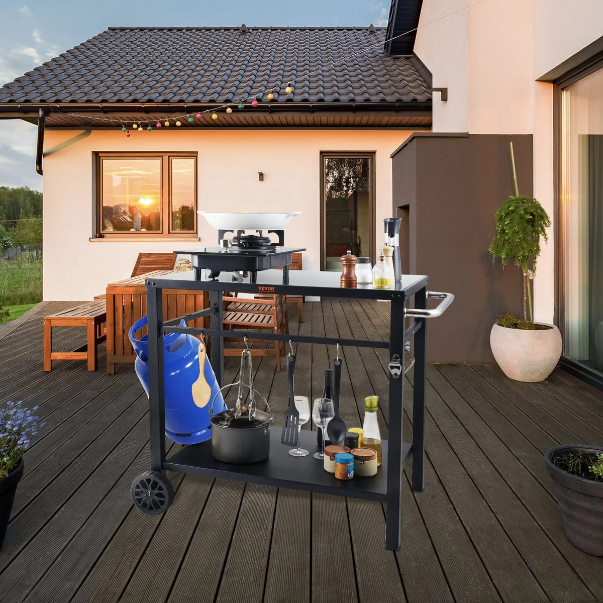 VEVOR Portable Outdoor Grill and Dining Table with Two Shelves, BBQ Food Preparation Table with Multifunctional Metal Work Surface, Portable Modular Table for Pizza Oven, Work Table with 2 Wheels and Carrying Handle, Black